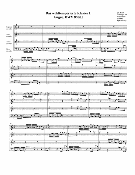 Free Sheet Music Fugue From Das Wohltemperierte Klavier I Bwv 850 Ii Arrangement For 4 Recorders