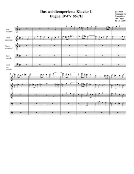 Fugue From Das Wohltemperierte Klavier I Bwv 867 Ii Version In A Minor Arrangement For 5 Recorders Attbgb Sheet Music