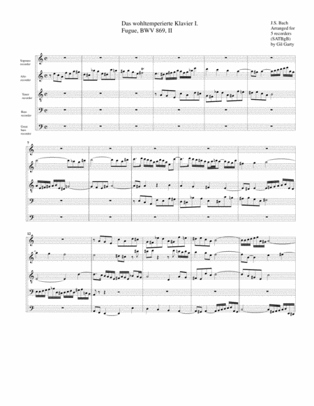 Free Sheet Music Fugue From Das Wohltemperierte Klavier I Bwv 869 Ii Arrangement For 5 Recorders