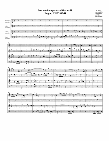 Free Sheet Music Fugue From Das Wohltemperierte Klavier Ii Bwv 892 Ii Arrangement For 4 Recorders