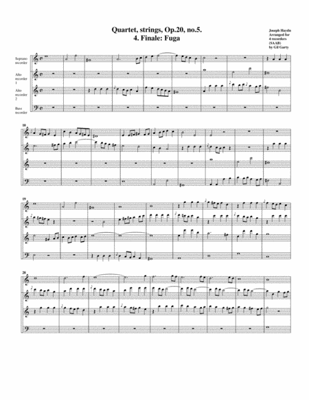 Free Sheet Music Fugue From String Quartet Op 20 No 5 Arrangement For 4 Recorders