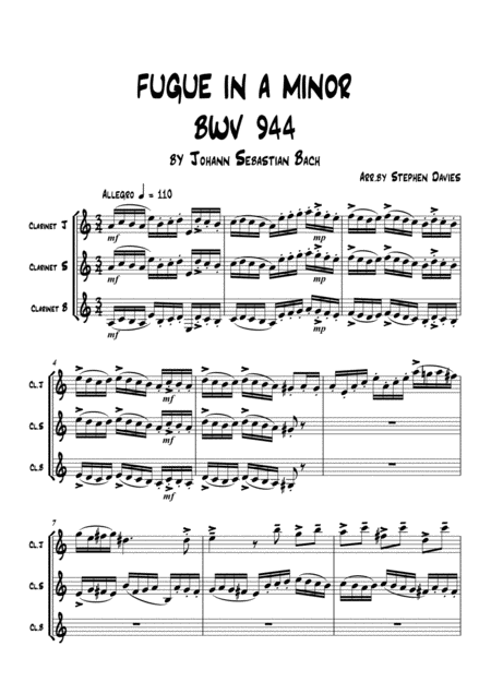 Free Sheet Music Fugue In A Minor By Js Bach Bwv944 For Clarinet Trio