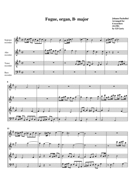 Fugue In B Flat Major Arrangement For 4 Recorders Sheet Music