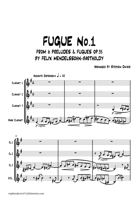 Free Sheet Music Fugue No 1 From 6 Preludes Fugues Op 35 By Felix Mendelssohn Bartholdy For Clarinet Quartet