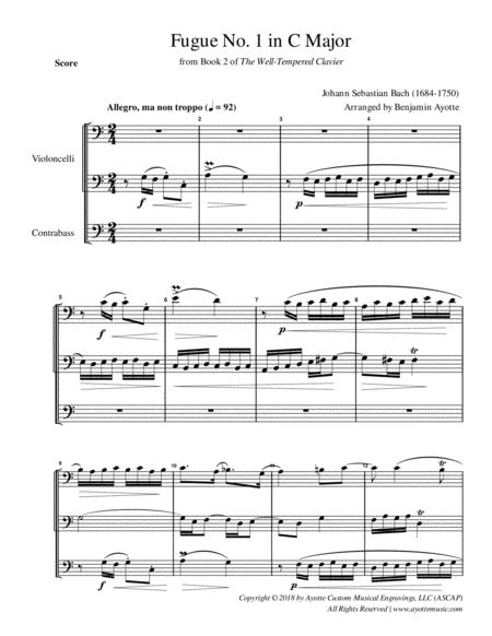 Free Sheet Music Fugue No 1 In C Major Wtc Book 2 For String Trio 2 Cellos And Contrabass