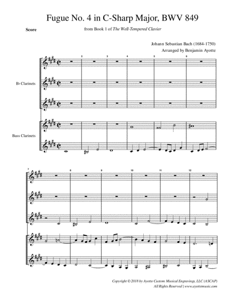 Fugue No 4 In C Minor Wtc Book 1 For Clarinet Quintet Sheet Music