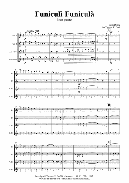 Funiculi Funicula Italian Evergreen Flute Quartet Sheet Music