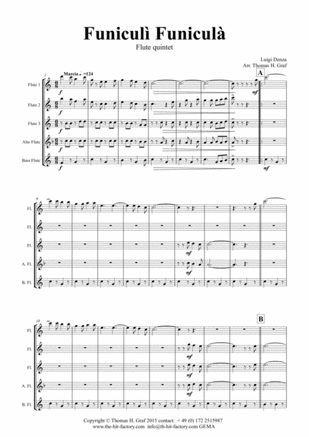 Funiculi Funicula Italian Evergreen Flute Quintet Sheet Music