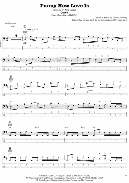 Funny How Love Is Queen John Deacon Complete And Accurate Bass Transcription Whit Tab Sheet Music