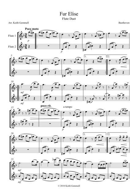 Fur Elise Flute Duet Sheet Music