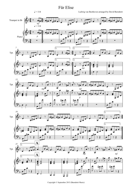 Fur Elise For Trumpet And Piano Sheet Music