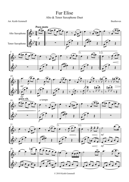 Fur Elise Saxophone Duet Alto Tenor Sheet Music