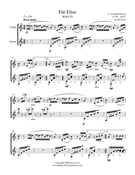 Free Sheet Music Fur Elise Violin And Guitar Score And Parts