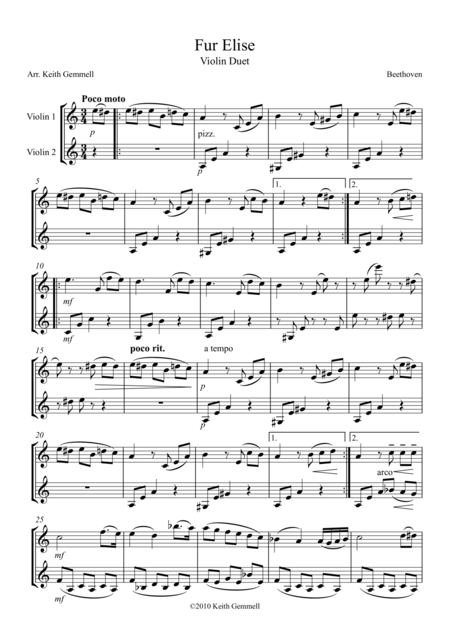 Free Sheet Music Fur Elise Violin Duet