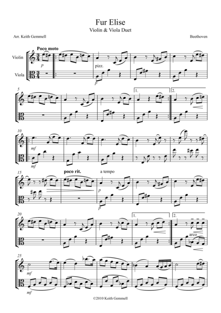 Fur Elise Violin Viola Duet Sheet Music