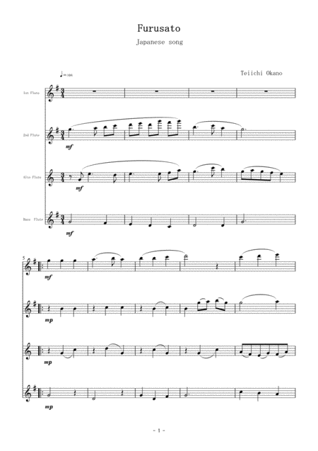 Free Sheet Music Furusato Japanese Song For Flute Quartet