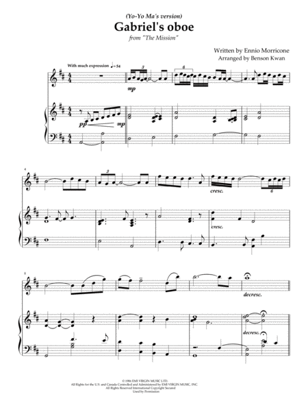 Free Sheet Music Gabriels Oboe From The Mission Yo Yo Mas Version Arranged For Violin Flute Piano Duet