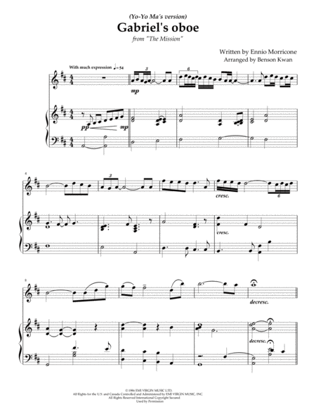 Gabriels Oboe From The Mission Yo Yo Mas Version Arranged For Violin Flute Piano Duet Sheet Music