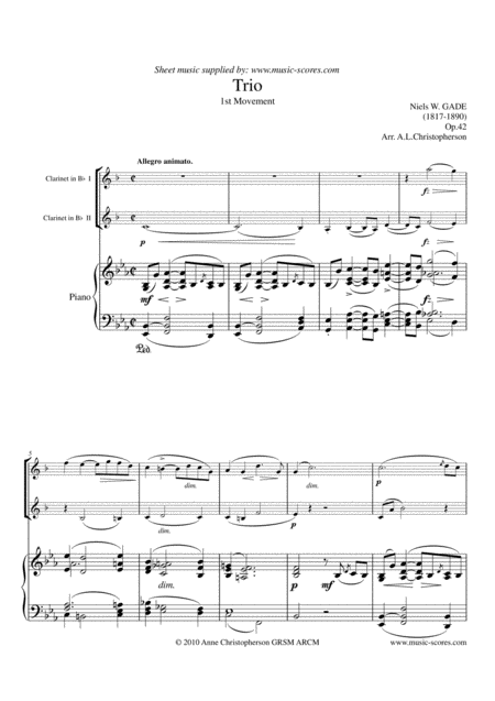 Gade Allegro Animato 1st Movement From Piano Trio 2 Bb Clarinets And Piano Sheet Music