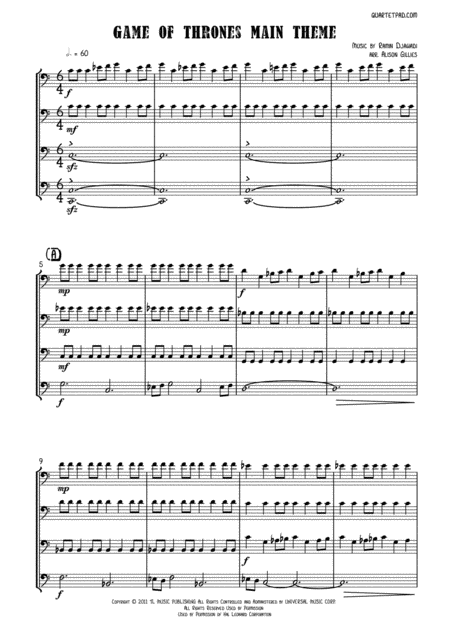 Game Of Thrones Cello Quartet Sheet Music