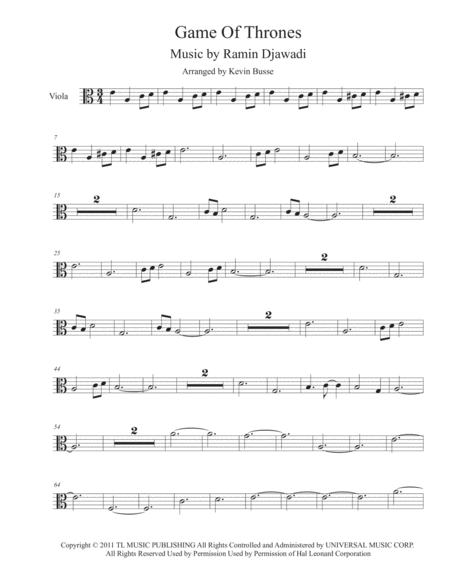 Game Of Thrones Easy Key Of C Viola Sheet Music