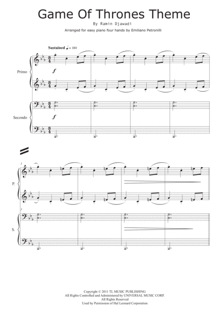 Game Of Thrones Easy Piano Duet Sheet Music