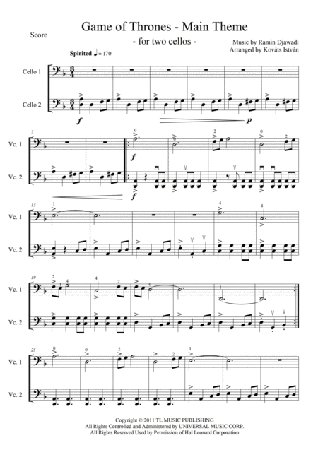 Game Of Thrones For 2 Cellos Sheet Music