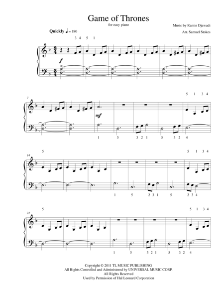 Game Of Thrones For Easy Piano Sheet Music