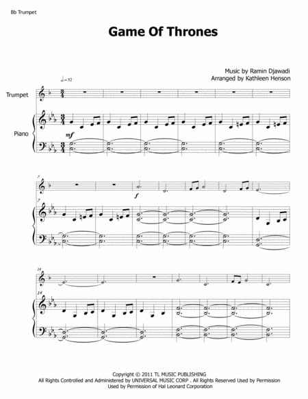 Free Sheet Music Game Of Thrones For Solo Trumpet