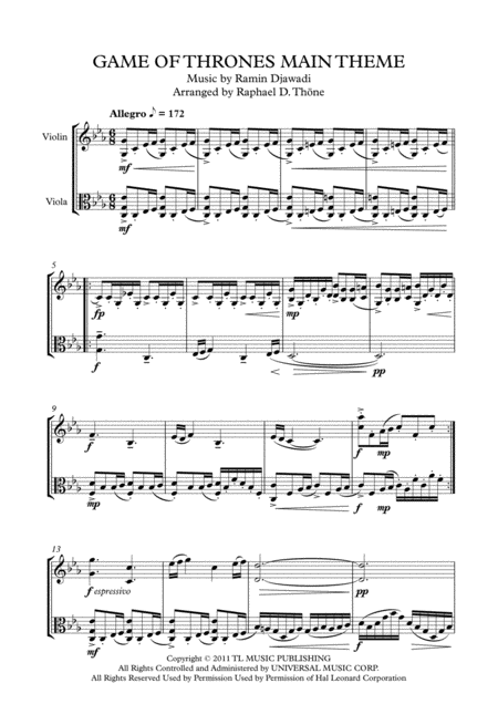 Free Sheet Music Game Of Thrones For Violin Solo Viola Solo Duo