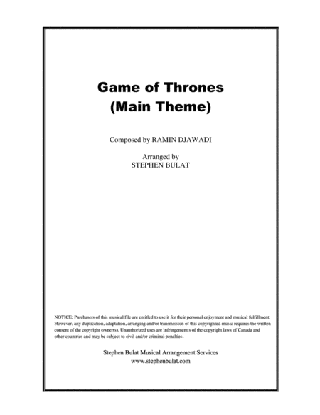 Game Of Thrones Main Theme Lead Sheet In Bass Clef For Cello Bassoon Trombone Or Bass Guitar Key Of Gm Sheet Music