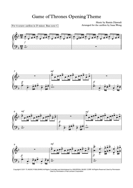 Game Of Thrones Opening Theme Arranged For The Carillon D Minor Sheet Music