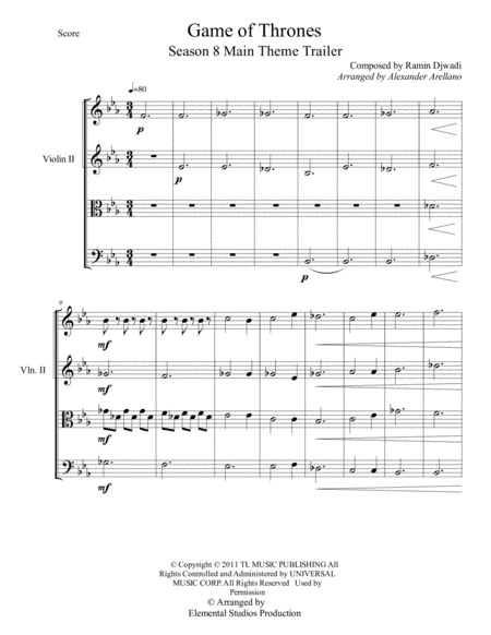 Game Of Thrones Season 8 Theme For String Quartet Sheet Music