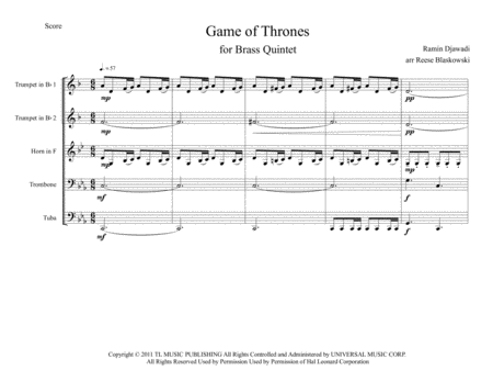 Game Of Thrones Theme Brass Quintet Sheet Music