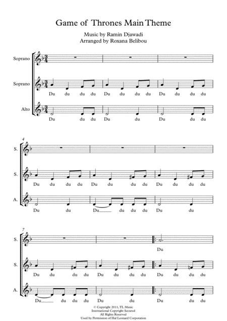 Game Of Thrones Theme Ssa A Cappella Sheet Music