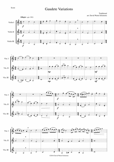 Free Sheet Music Gaudete Variations For Violin Trio