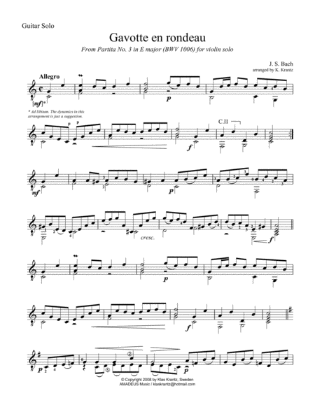 Gavotte And Menuet From Partita 3 Bwv 1006 For Guitar Solo C Major Sheet Music