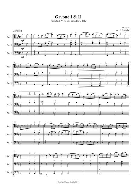 Gavotte I Ii From Suite No 6 For Cello Solo Transcribed For 3 Cellos Sheet Music