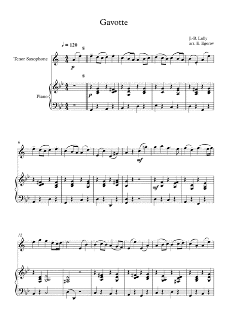 Free Sheet Music Gavotte Jean Baptiste Lully For Tenor Saxophone Piano