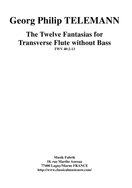 Georg Philipp Telemann 12 Fantasias For Flute Without Bass Twv 40 2 13 Edited By Paul Wehage Sheet Music