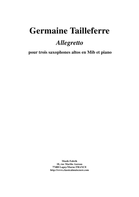 Germaine Tailleferre Allegretto For Three Alto Saxophones And Piano Sheet Music