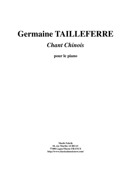 Germaine Tailleferre Chant Chinois For Piano Sheet Music