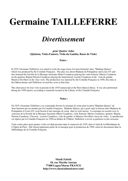 Germaine Tailleferre Divertissement For Viols Sheet Music