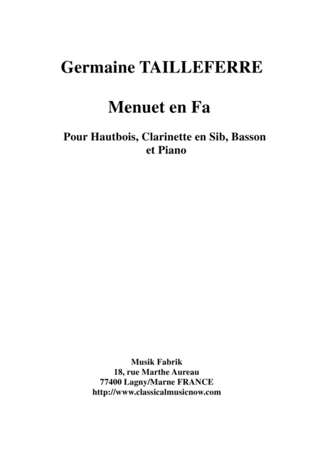 Free Sheet Music Germaine Tailleferre Menuet En Fa For Oboe Bb Clarinet Bassoon And Piano