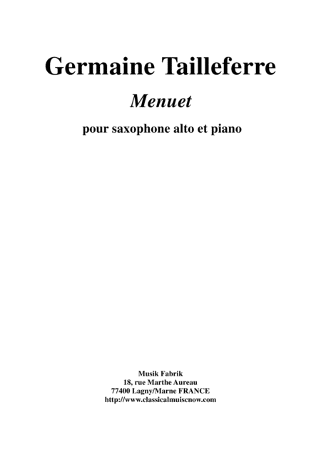 Germaine Tailleferre Menuet For Alto Saxophone And Piano Sheet Music