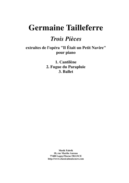 Germaine Tailleferre Trois Pices From Il Tait Un Petit Navire For Solo Piano Sheet Music