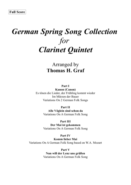 Free Sheet Music German Spring Song Collection 5 Concert Pieces Clarinet Quintet