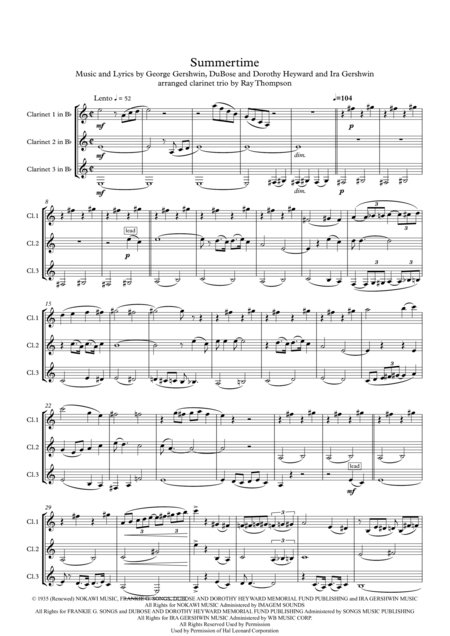 Gershwin Summertime Clarinet Trio Sheet Music