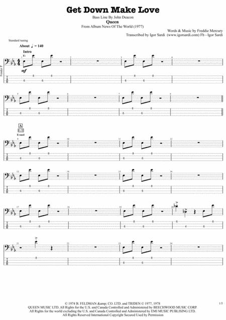 Get Down Make Love Queen John Deacon Complete And Accurate Bass Transcription Whit Tab Sheet Music