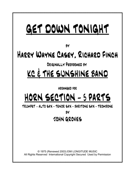 Get Down Tonight Long Version Horn Section Parts Trumpet Alto Sax Tenor Sax Bari Sax Trombone Sheet Music